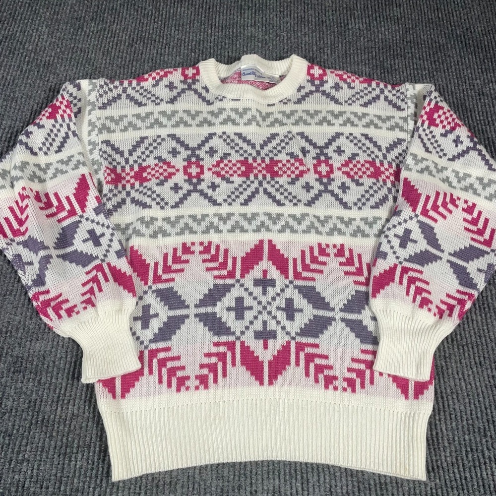 VTG Queens Way to Fashion Womens Medium M White Abstract AOP Nordic Retro 90s